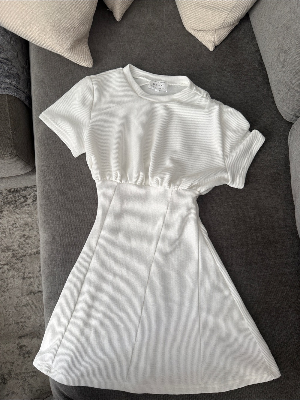 Sabo Skirt White Ribbed Fit-and-Flare Short Sleeve Dress